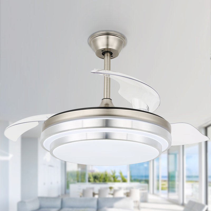 Ventilateur de plafond rétractable moderne 42 po avec lumière et télécommande Aranjit, Chrome