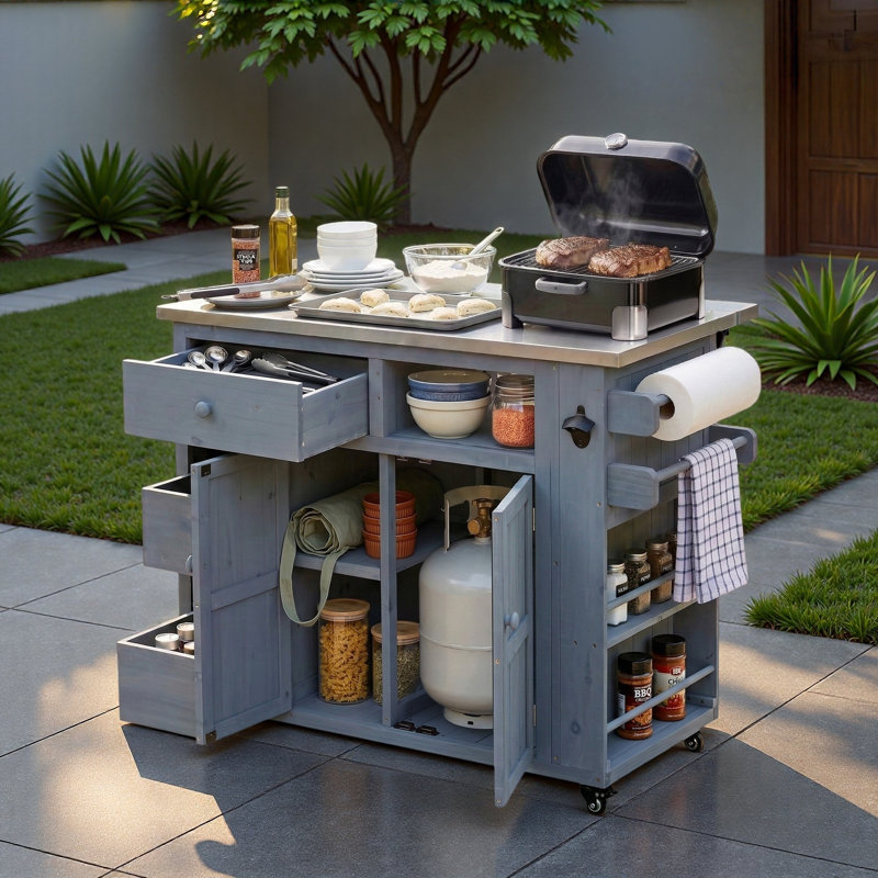 Îlot de cuisine extérieur avec plateau en acier inoxydable, support à épices latéral, tiroirs, support à papier, porte-serviettes et tablette ouverte