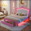 Structure de lit double pleine grandeur avec lumières DEL, lit princesse rembourré moderne avec tête de lit couronne, 2 tiroirs, rose et blanc