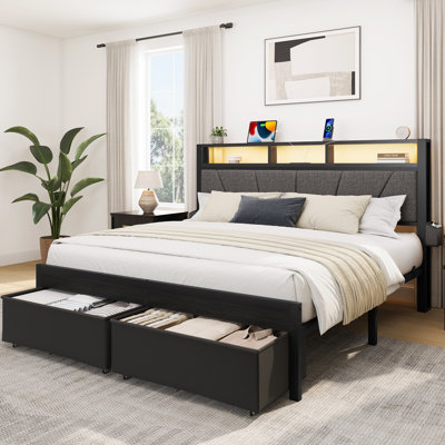 Queen Size Bed Frame With Upholstered Headboard & Storage Drawers, Platform Bed With Led Lights & Charging Station, Black
