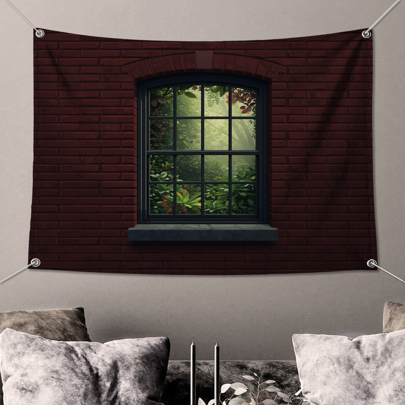 Brick Wall Window Wall Tapestry - Window Wall Decor, 68in H x80in W with 4 Grommets