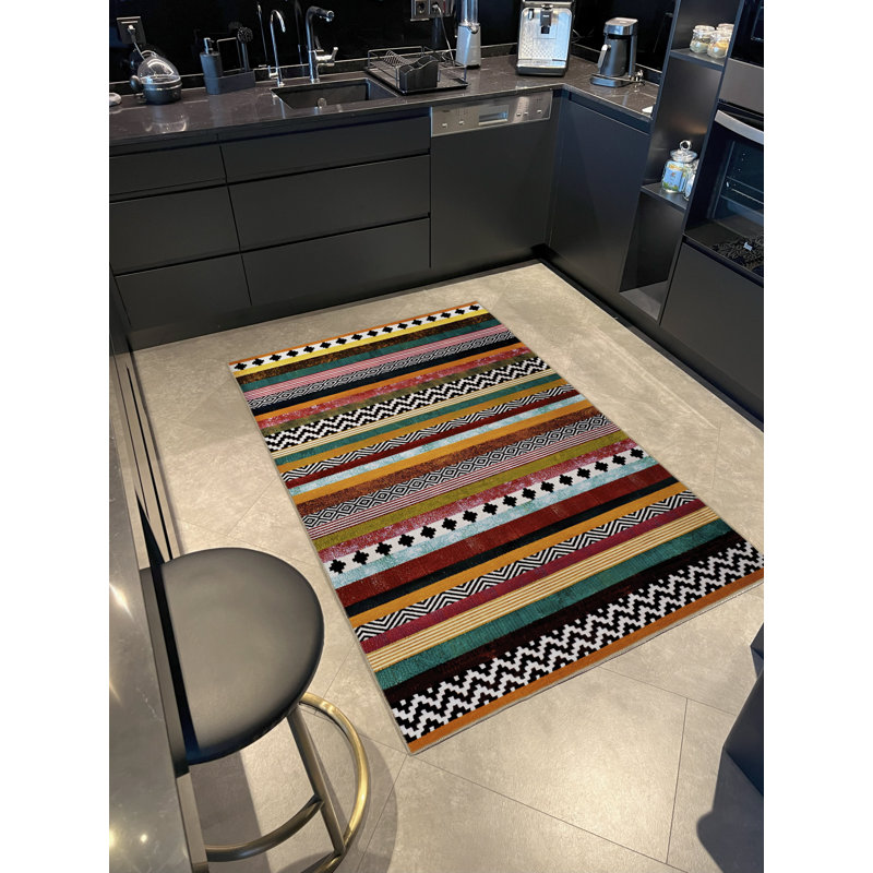 Multicolor Stripe Line Sectioned Abstract Shape Pattern Modern Decorative Rug, Runner 3'3.37" x 9'10.11"