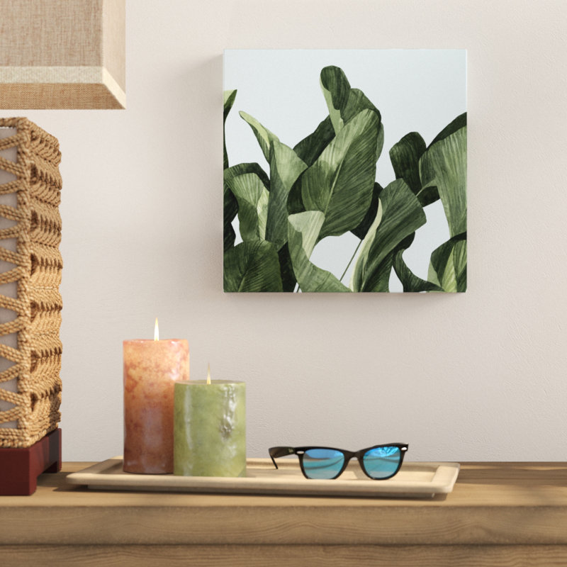«Celadon Palms II», peinture sur toile, H 12 po x l 12 po, Toile tendue