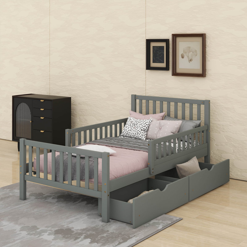 Lit plateforme en bois avec garde-corps et tiroirs, Gris, Lit simple