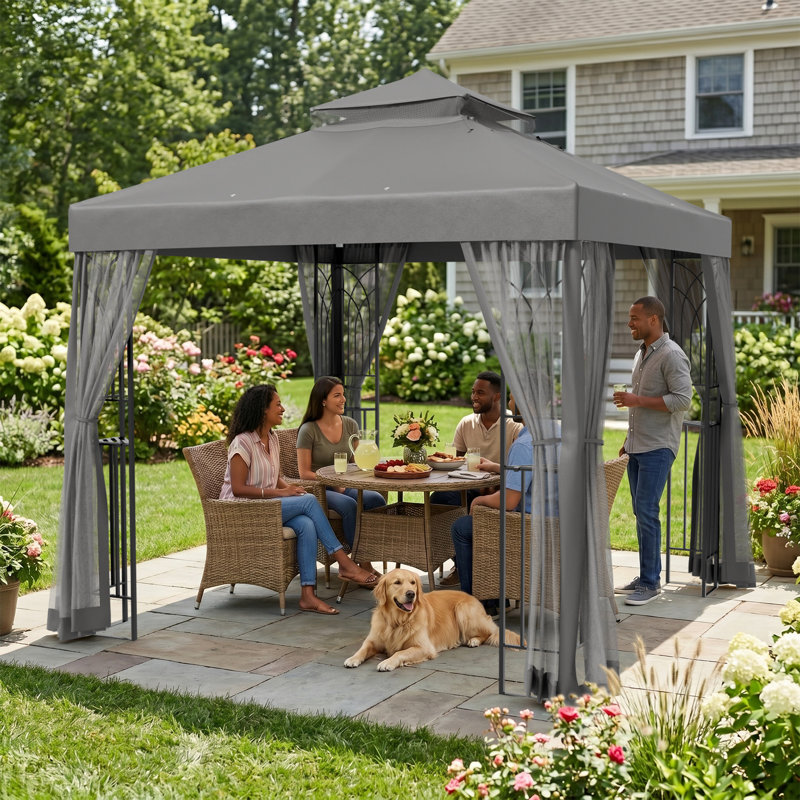 8 Ft. W x 8 Ft. D Steel Frame Vented Soft Top Patio Gazebo with Mesh Netting, Corner Shelves, Gray