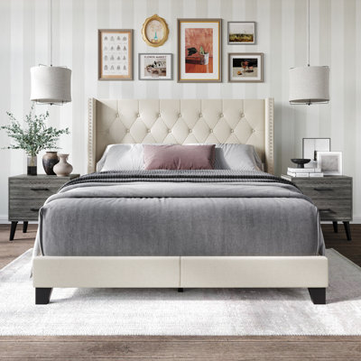 Castle Place King Wingback Bed Set with Two Nightstands, Warm Grey Linen
