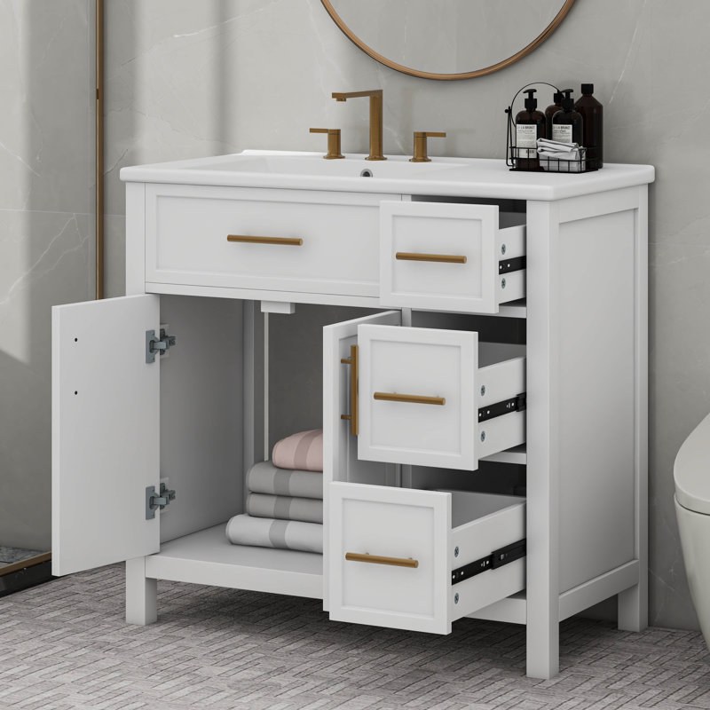 36" Bathroom Vanity With Sink Top, Two Doors And Three Drawers, White