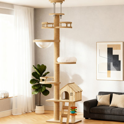 Arbre à chat moderne 98 po - 110 po réglable avec poteau à griffer pour plus de confort