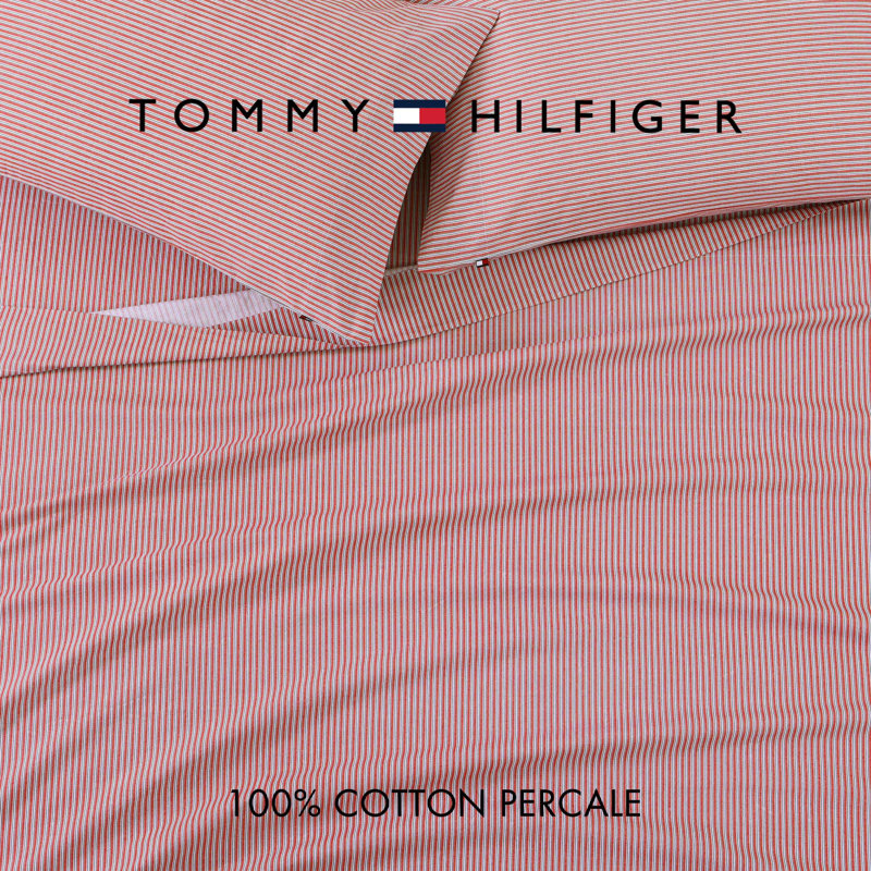 Tommy Hilfiger Printed Percale Cotton Sheet Set, King Sheet Set with 2 Pillowcases, Highland Ticking Stripe Red
