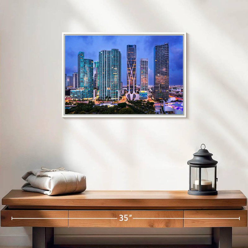 Vue aérienne du centre-ville de Miami, Cadre flottant blanc, 19 po x 13 po