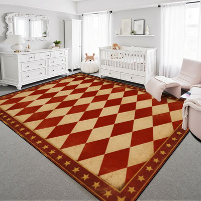 Tapis lavable 240 x 300 cm, motif losanges vintage, poils courts, envers antidérapant en TPE, bordure décorative rouge, crème et orange, doux, idéal pour le salon, la chambre, la salle à manger et le bureau.