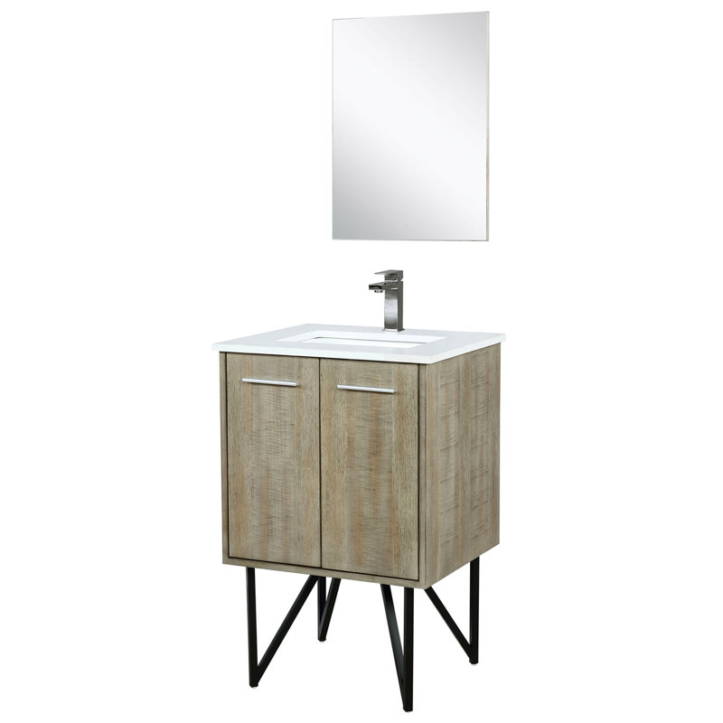 24 po Meuble-lavabo large rustique, marbre de culture, robinet, comptoir en miroir et en finition, robinet en métal inclus, 18 grattoirs