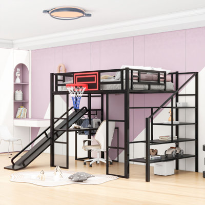 Lit mezzanine double en métal avec bureau, glissoire et panier de basketball