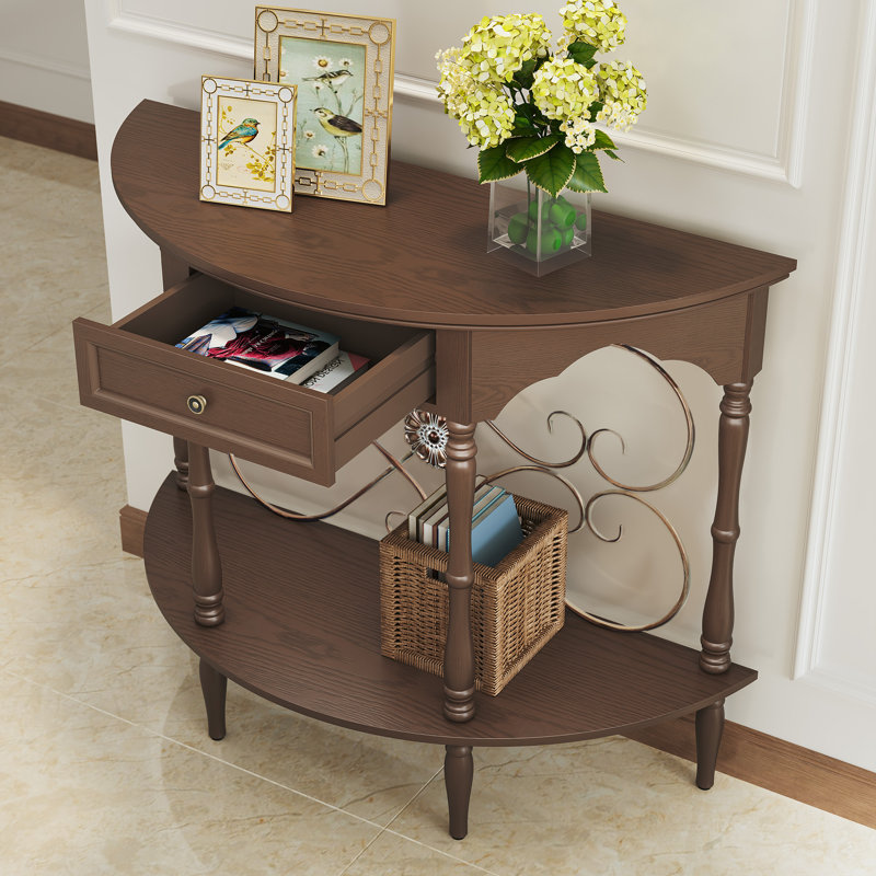 Console rétro Vintage, table d'entrée en demi-lune de 40 po en bois rustique et table d'appoint en métal, Brun