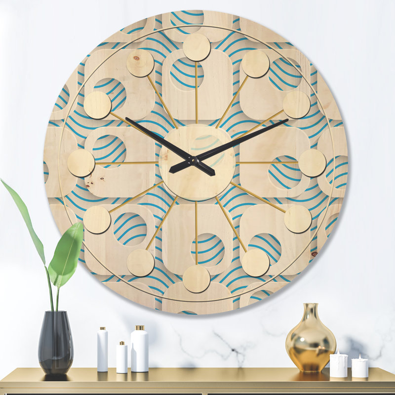 Horloge murale 3D en bois blanche et bleue III - Mid-Century, Très grand