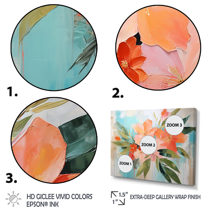 Art moderne moderne, fleurs tropicales roses et vertes - Collages abstraits, Cadre doré à coins fermés