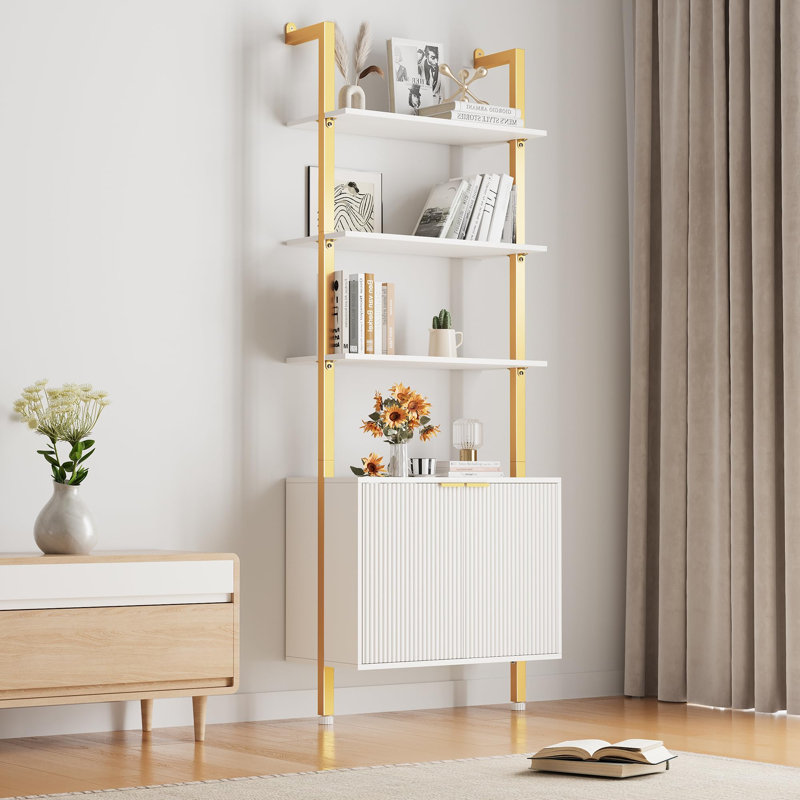 Étagère murale de 188 cm de haut avec garde-robe de rangement, style échelle moderne, structure en bois et en métal, idéale pour le salon, la chambre à coucher ou le bureau. Couleur blanche et chêne.