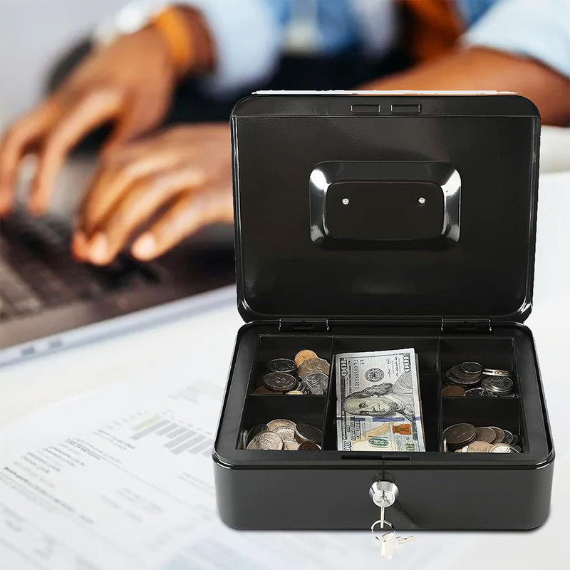 Durable Tabletop Locking Steel Medium Cash Box, Cash Drawer with Removable Coin Tray, Black