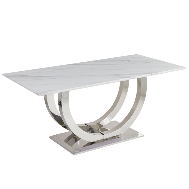 Table de salle à manger rectangulaire de 69,30 pouces, moderne simple, plateau en marbre, plateau en panneau de fibres à densité moyenne, surface de miroir en acier inoxydable de couleur argent, pouvant accueillir 4 à 6 personnes, motif en marbre blanc, miroir argenté.