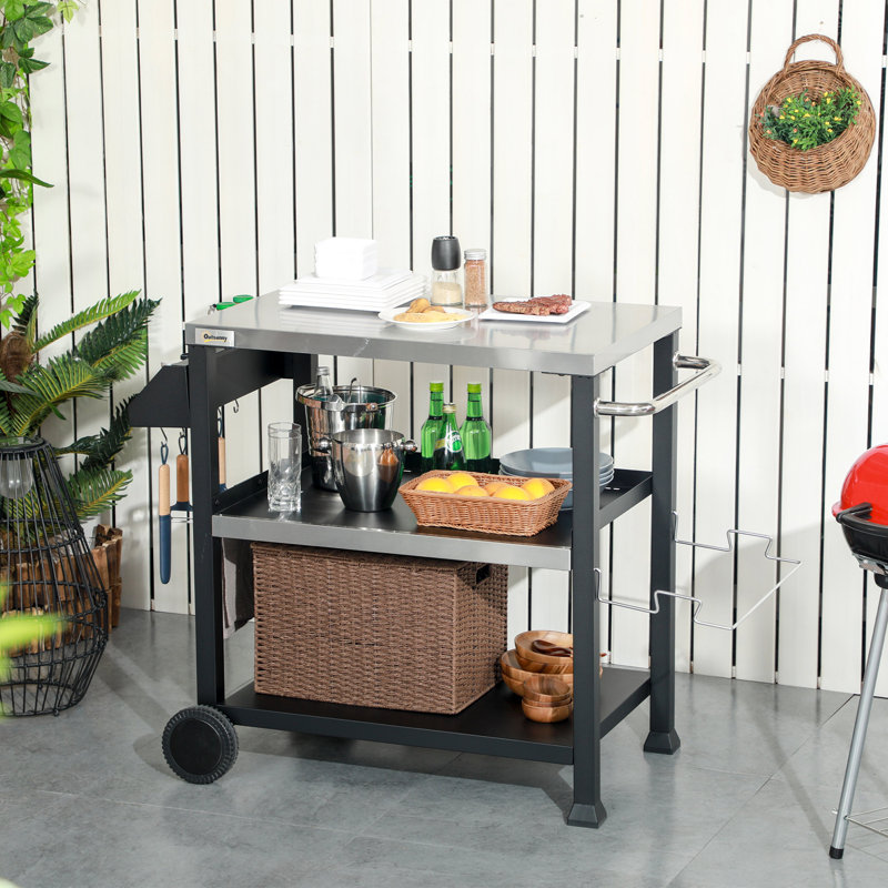 Chariot de barbecue extérieur à trois tablettes avec plateau en acier inoxydable, poignée latérale, support de four à pizza multifonctionnel de 32 po x 20,5 po, table de préparation des aliments mobile sur roulettes