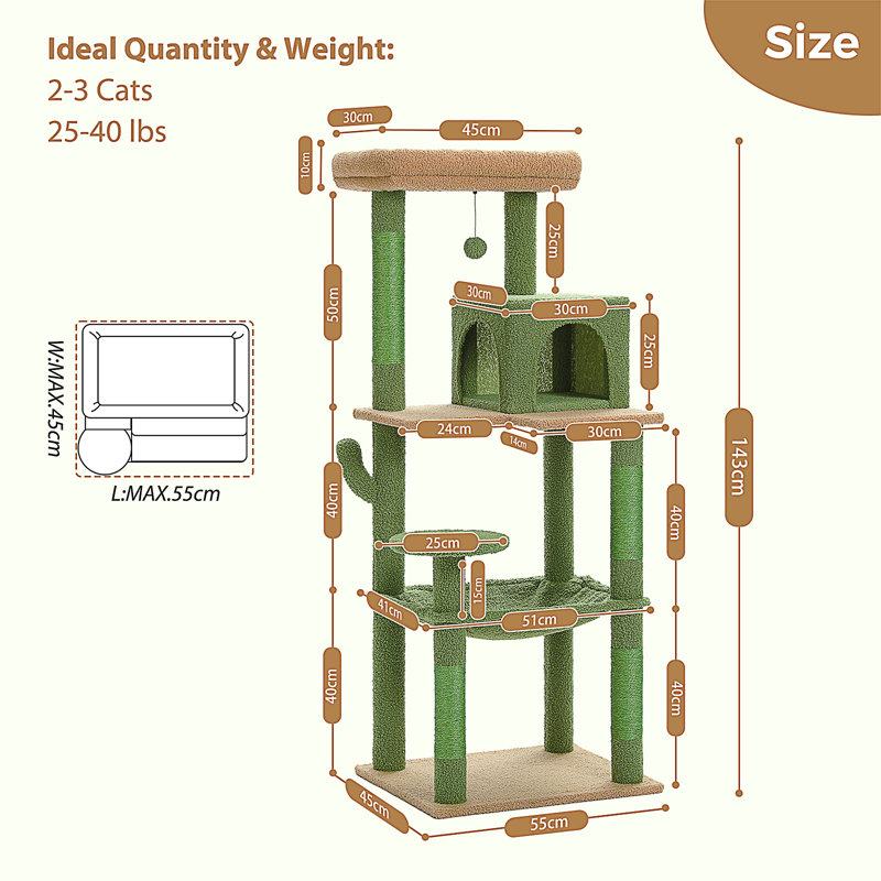 Grand arbre à chat pour chats d'intérieur, tour de chat à plusieurs niveaux avec très grands poteaux à griffer recouverts de sisal, condo confortable et perchoir supérieur