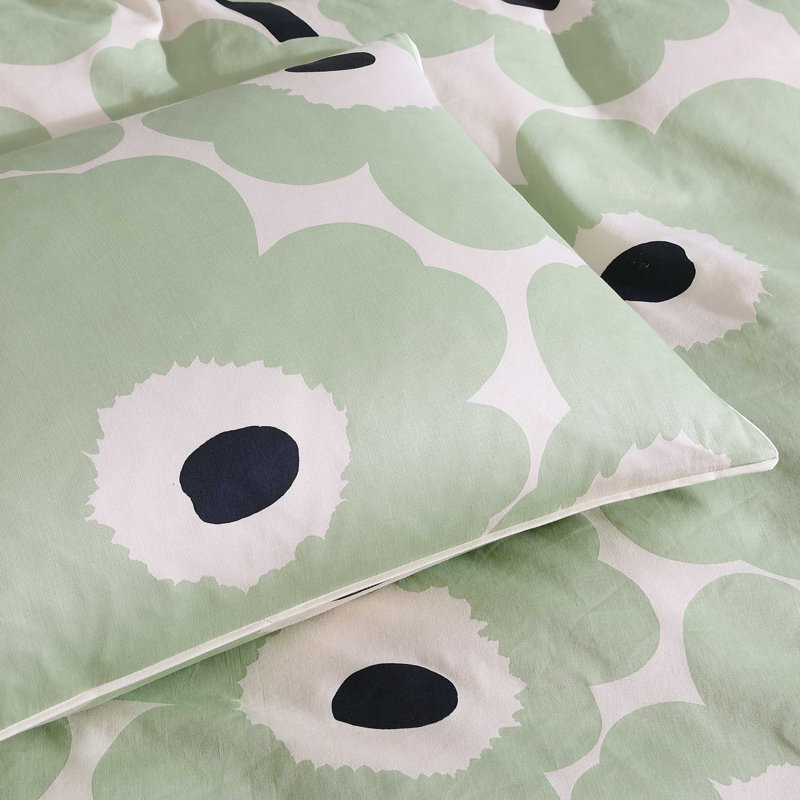 Unikko Orange/Green/White Organic Cotton Duvet Cover Set, Queen Duvet Cover + 2 Standard Shams, Green/Black/White
