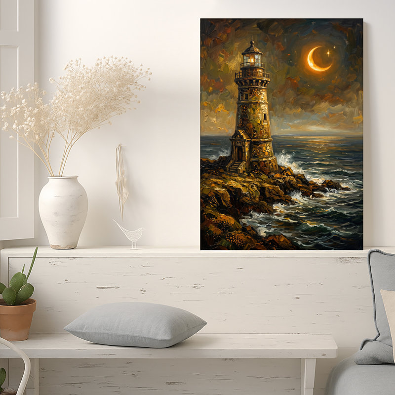 Art sur toile, phare doré sur une côte rocheuse sous le croissant de lune, H 18 po x l 12 po