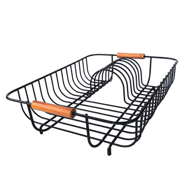 OGGI Compact Dish Drying Rack, 14" x 10.5" Black Metal Dish Drainer with Bamboo Handles, Holds 7 Plates, Bowls, Cups & Cookware, Countertop Basket Dish Rack
