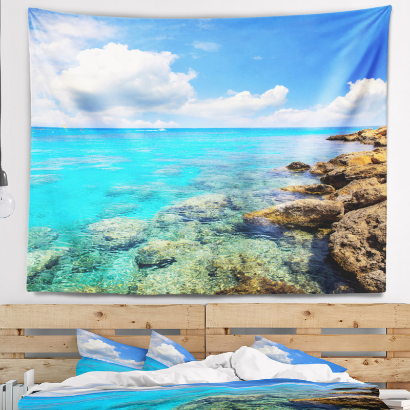 Tapisserie de seascape de mer, jour d’été, avec accessoires suspendus inclus, H 78 po x l 92 po