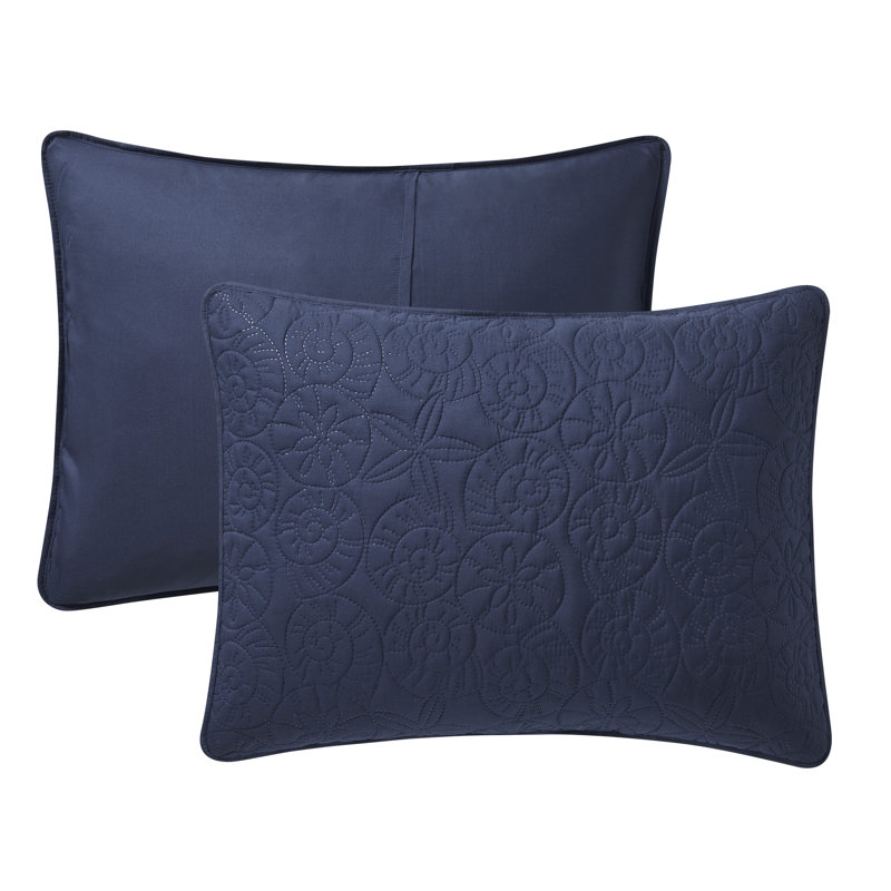 Seashell 3-Piece Solid Pinsonic Coastal Quilt Set, Queen Quilt + 2 Standard Shams, Navy