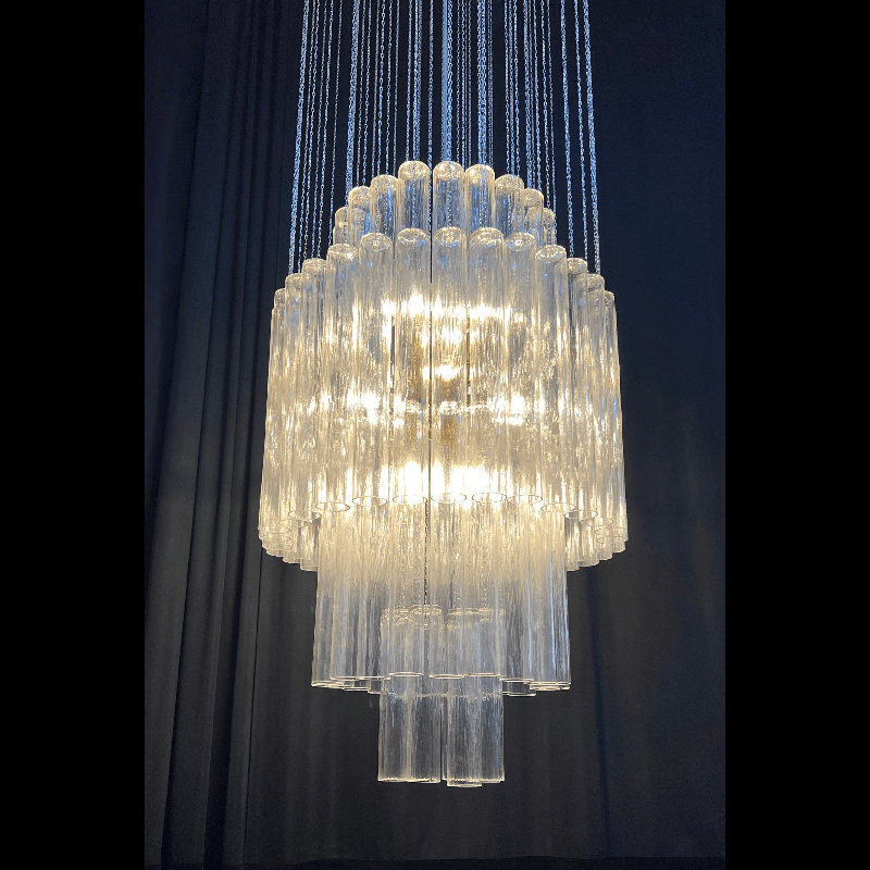Lustre moderne en verre texturé à niveaux pour plafonds hauts, 37.05" H x 23.4" W x 23.4" D