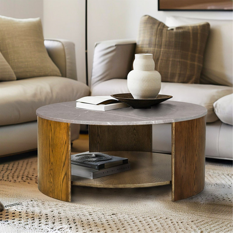Table ronde avec matériaux mixtes et tablette, Chêne
