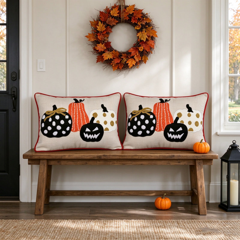 « Ensemble de 2 coussins décoratifs brodés citrouille d'Halloween, coussins décoratifs en lin à pois effrayants, coussins d'appoint saisonniers d'automne pour canapé, fauteuil et décoration intérieure d'Halloween »