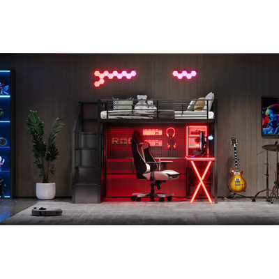 Full Size Metal Loft Bed With Built-In Work Station, Wardrobe, Storage Staircase And LED