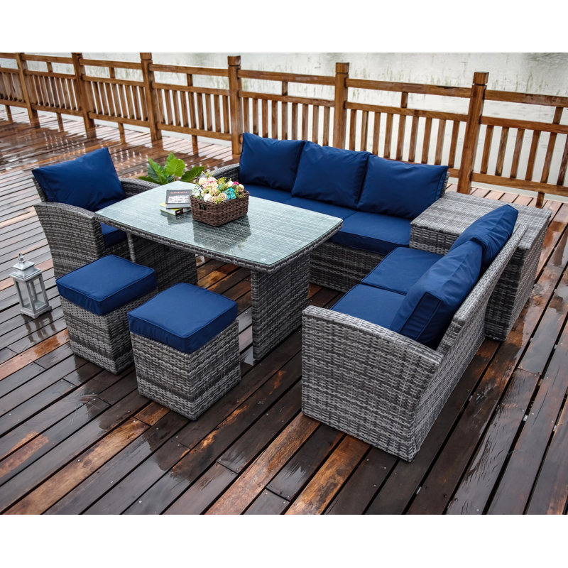 4 - Person Patio Conversation Set with Cushions, Gray, Blue