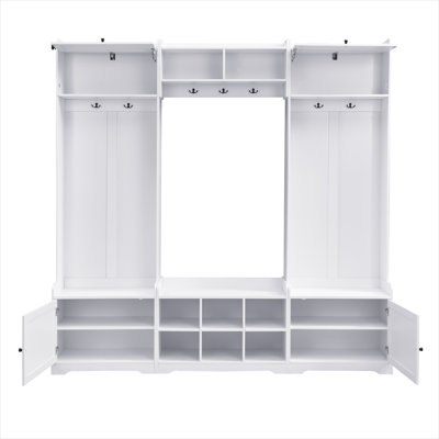 MDF 4-in-1 Hall Tree Entryway Storage Furniture Crisp White 79.1 Inch Wide with Bench Seating and Coat Hooks