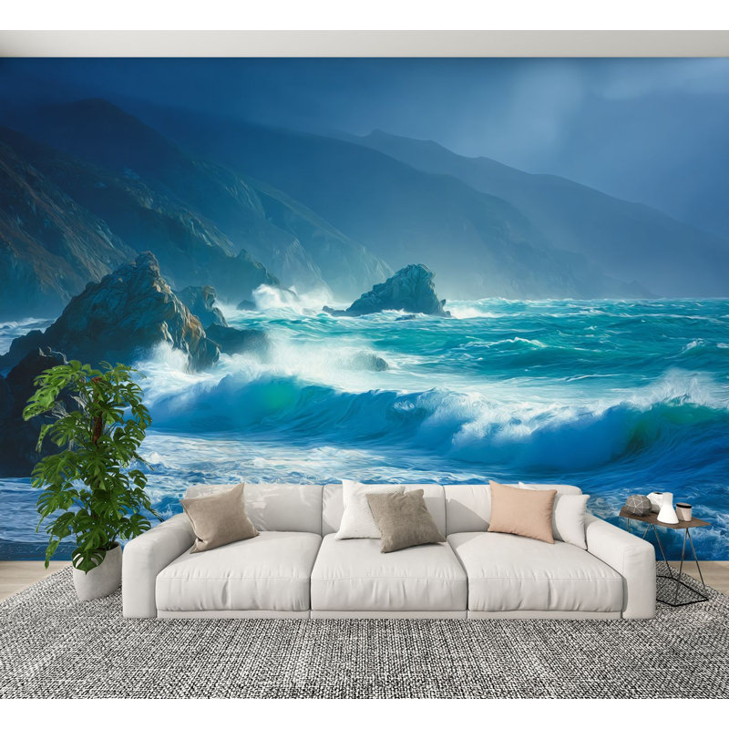 Papier peint auto-adhésif Beach Ocean Teal, L 144 po x l 100 po