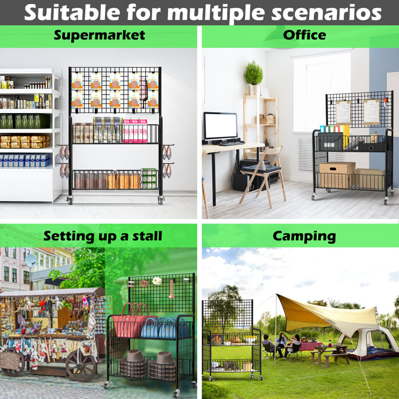 oldable Metal Display Cart with Wheels -Trolley with 30 Hooks Mobile Storage Shelf for Retail Stores, Supermarkets, Night Markets, Home Decor,Standing Rack