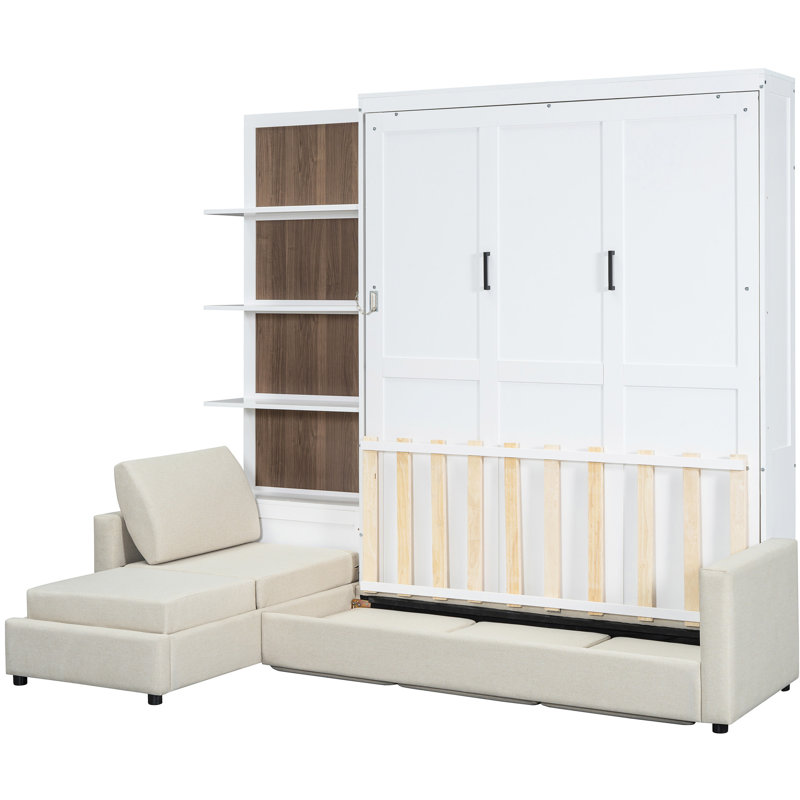 Grand lit mural avec tablettes, finition blanche, multifonctionnel pour les petits espaces divers, espace de rangement pratique - économie d'espace, conception efficace