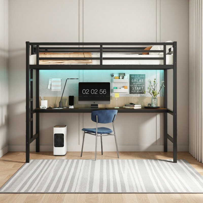 Metal Twin XL Size Loft Bed With Power Outlet And LED Lighted, Space-Saving, Noise Reduced, Extra-Long Twin