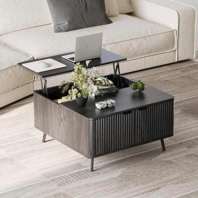 Table basse relevable, table centrale relevable avec grand espace de rangement caché, tablettes ouvertes, Chêne noir