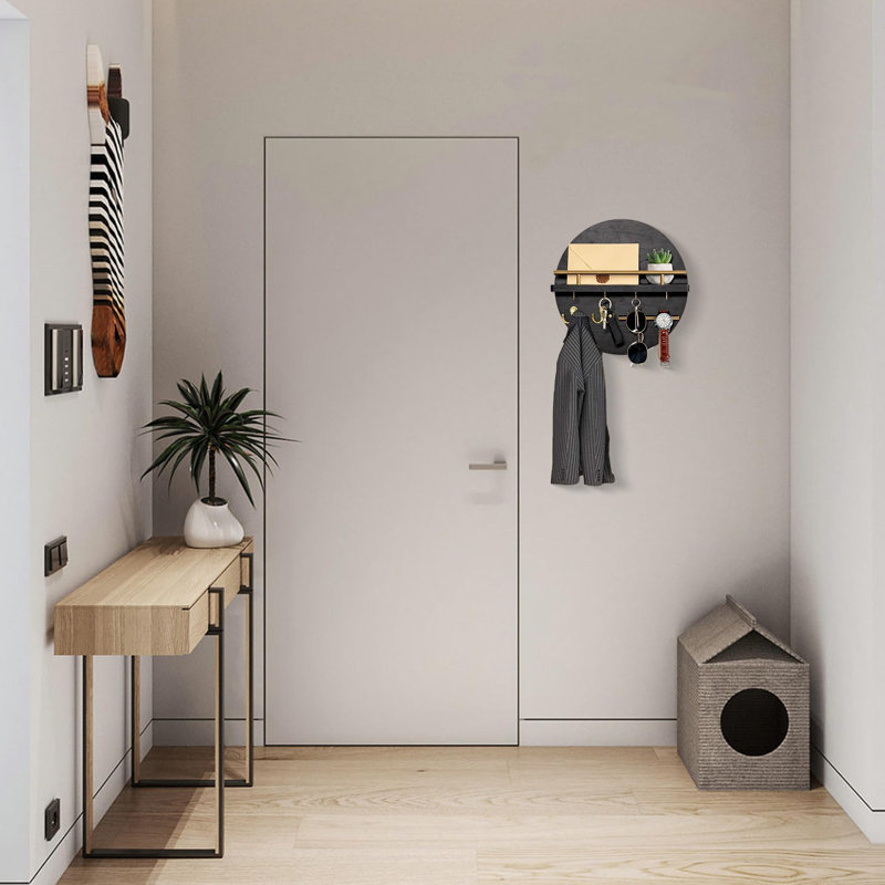 Wall Key Holder with Mail Shelf and Hooks, Circular Organizer 