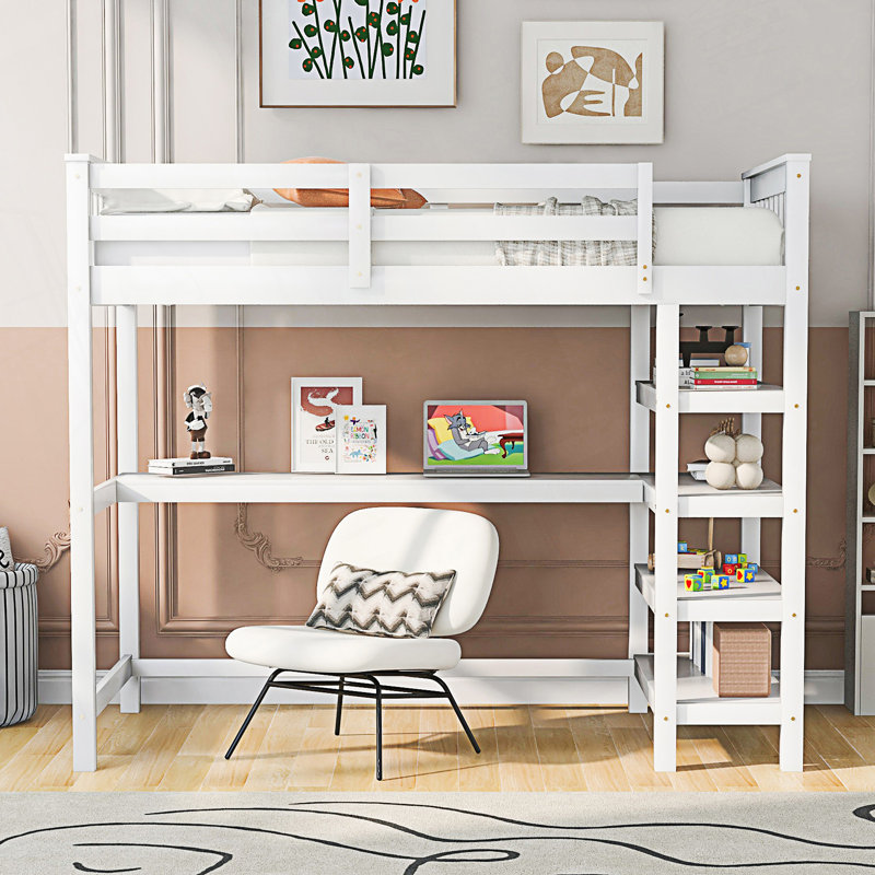 Lit mezzanine simple avec tablettes de rangement et bureau sous le lit, Lit simple, Blanc