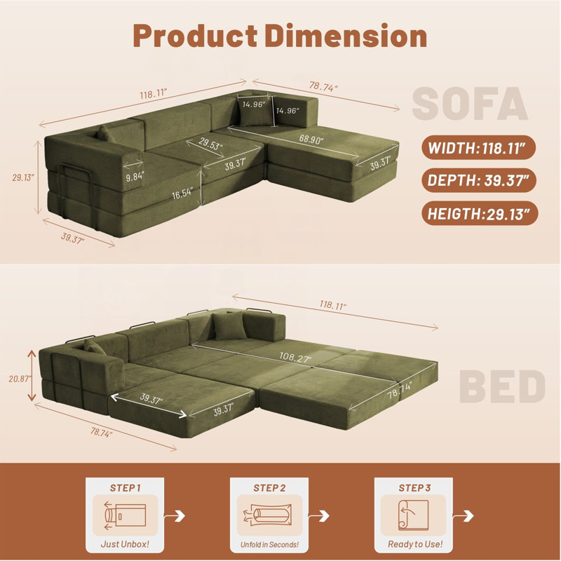 Canapé modulaire de 118 pouces avec structure de forme fixe et coussins, Green Fabric, Green