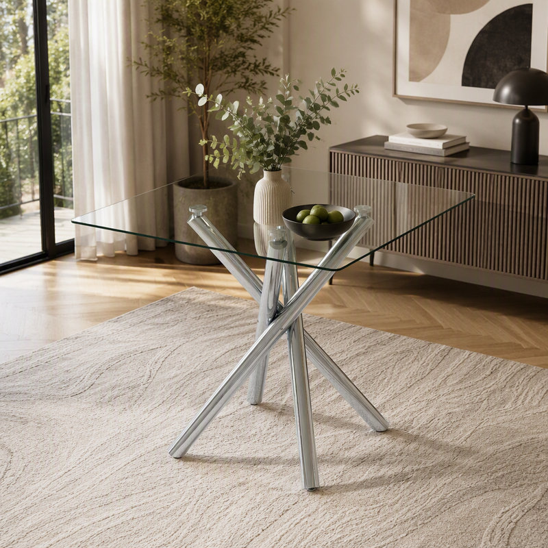 Table de bar moderne en métal galvanisé avec plateau en verre trempé, table de pub robuste à pieds croisés pour bar à la maison, îlot de cuisine, salon
