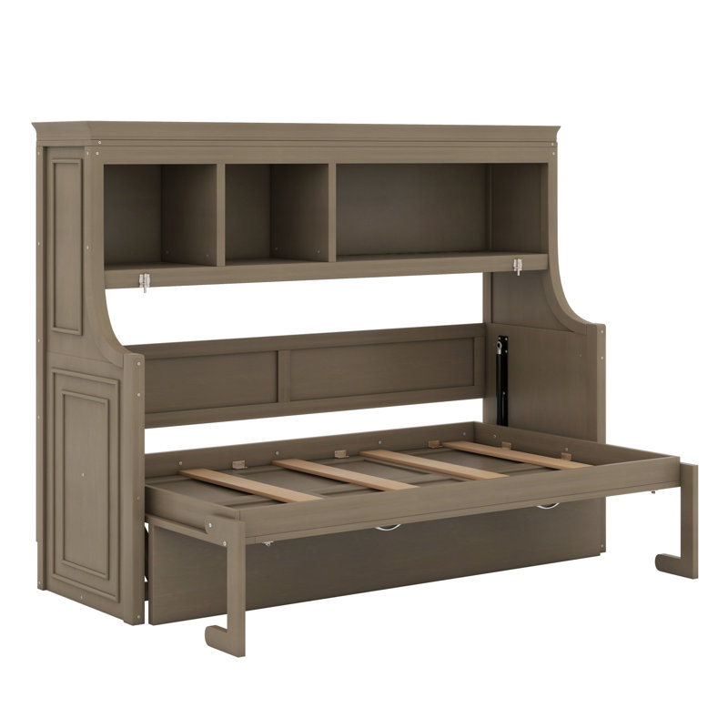 Lit escamotable avec bureau et tablettes de rangement, Gris