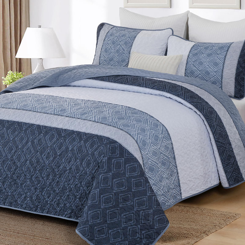 3-Piece Striped Plaid Boho Quilt Set Soft Microfiber Bedding Set, Queen Quilt + 2 Pillowcases, Mineral Blue