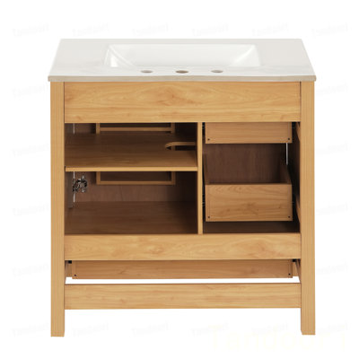 Meuble-lavabo de salle de bain moderne Mid-Century avec lavabo - armoire autoportante en bois artistique avec 3 tiroirs et porte à fermeture douce