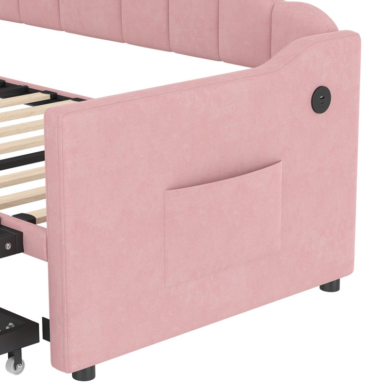 Lit de jour rembourré simple avec lit gigogne escamotable à hauteur réglable et port de charge USB et Type-C, structure de lit de jour avec 2 poches latérales, aucun sommier nécessaire, rose