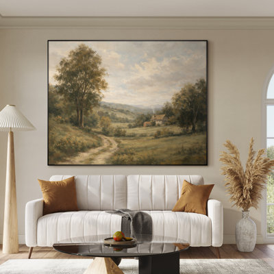 Très grand art mural imprimé sur toile - Chalet de campagne rétro avec sentier sinueux et arbres pour le salon ou la chambre à coucher - «Assemblage requis du cadre (cadre non fini)»